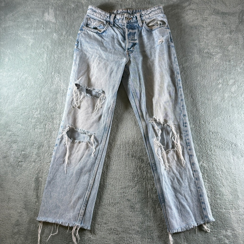 H&M &Denim 90s Boyfriend Jeans Light Wash Distressed High Waist Size 0‎ 26x27